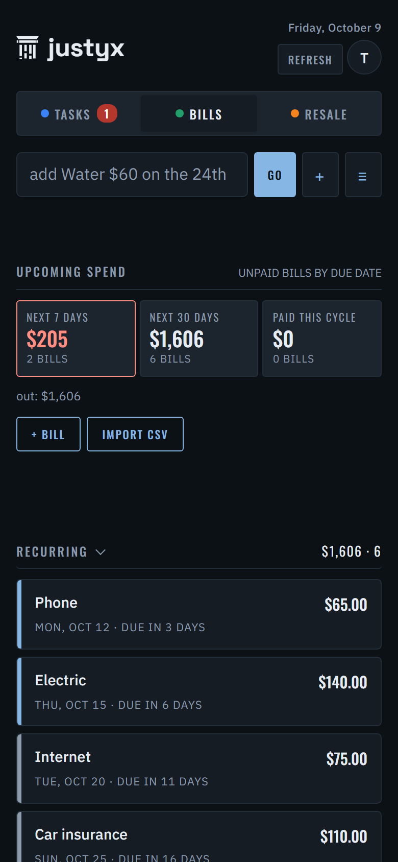 HQ Console Bills page in dark mode