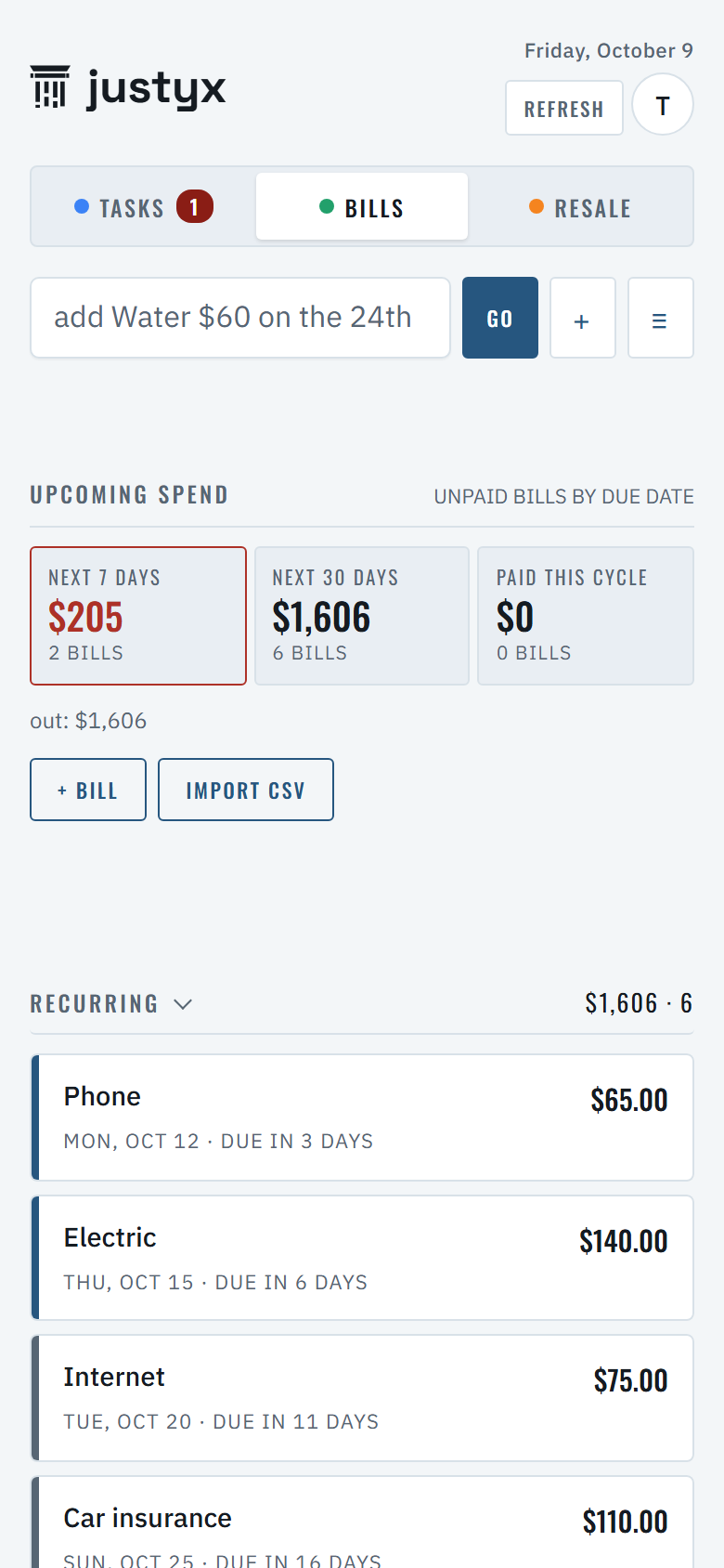 HQ Console Bills page showing upcoming spend and the recurring bills list