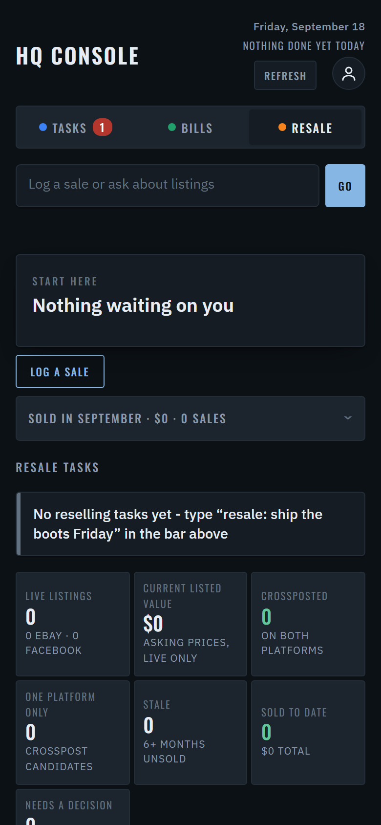 HQ Console Reselling page in dark mode