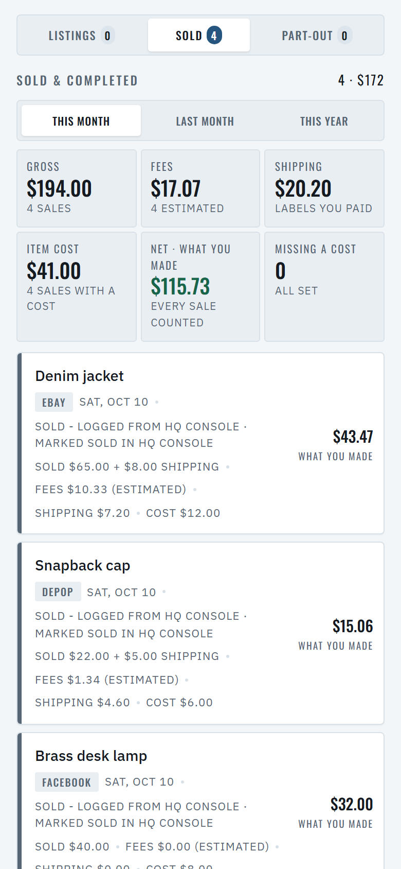 HQ Console Sold tab on a phone: this month's gross, fees, shipping, item cost and net, then four sales on eBay, Depop, Facebook and Mercari, each showing its fees, shipping, cost and what you made