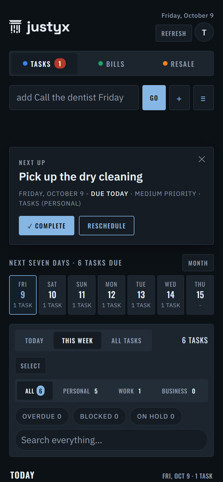 HQ Console Tasks page in dark mode