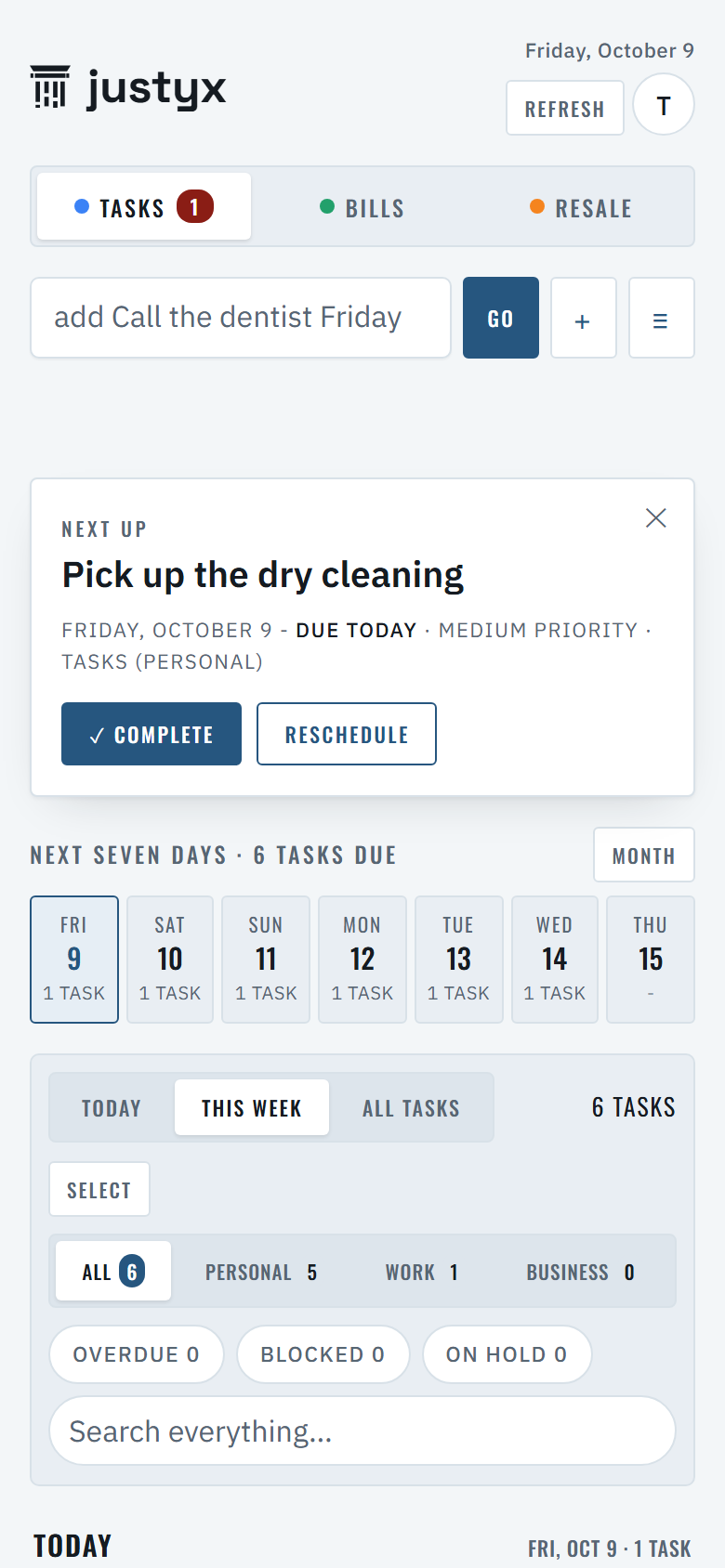 HQ Console on a phone: the Tasks page with a command bar, the next task due today, and six tasks across the next seven days