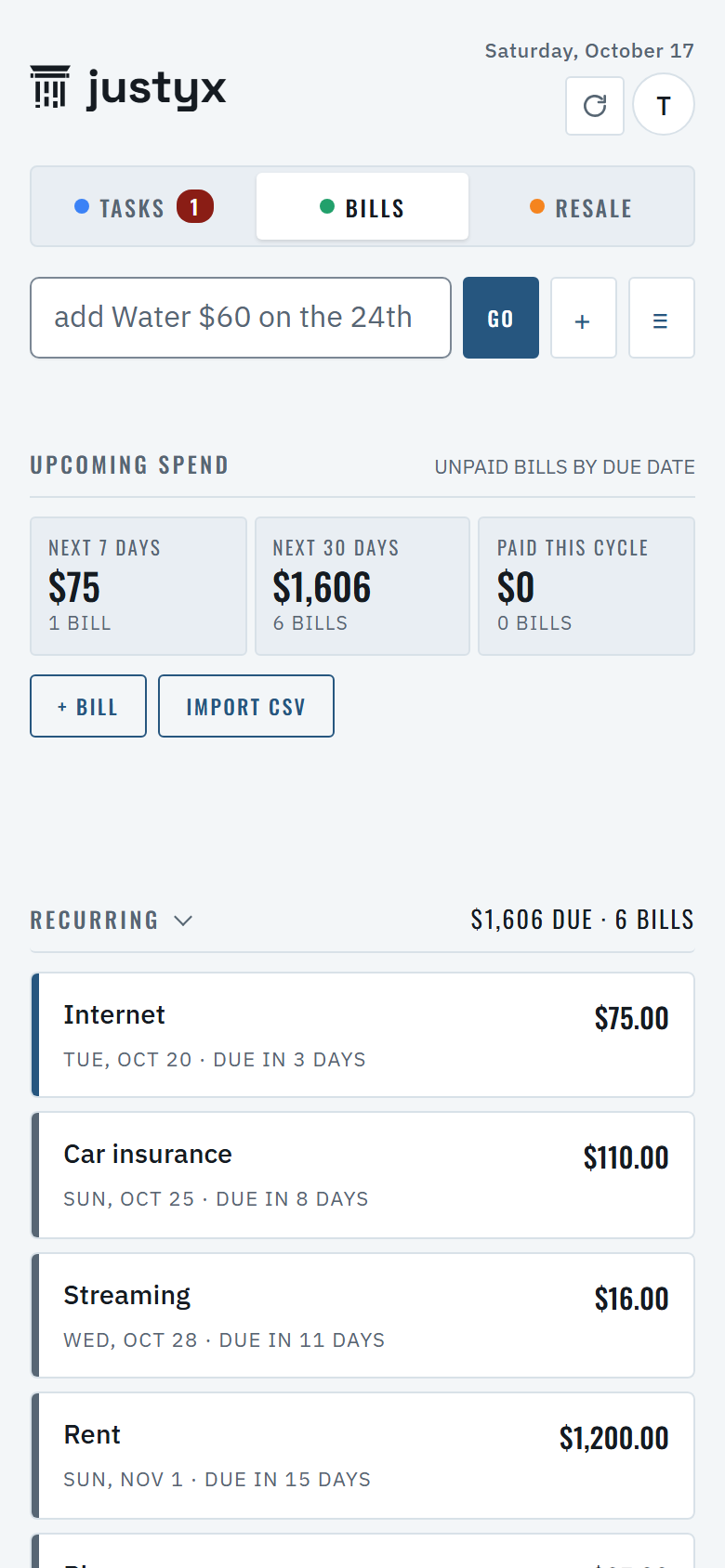 UNDR CTRL Bills page with example data: upcoming spend and a list of recurring charges, each with its due date