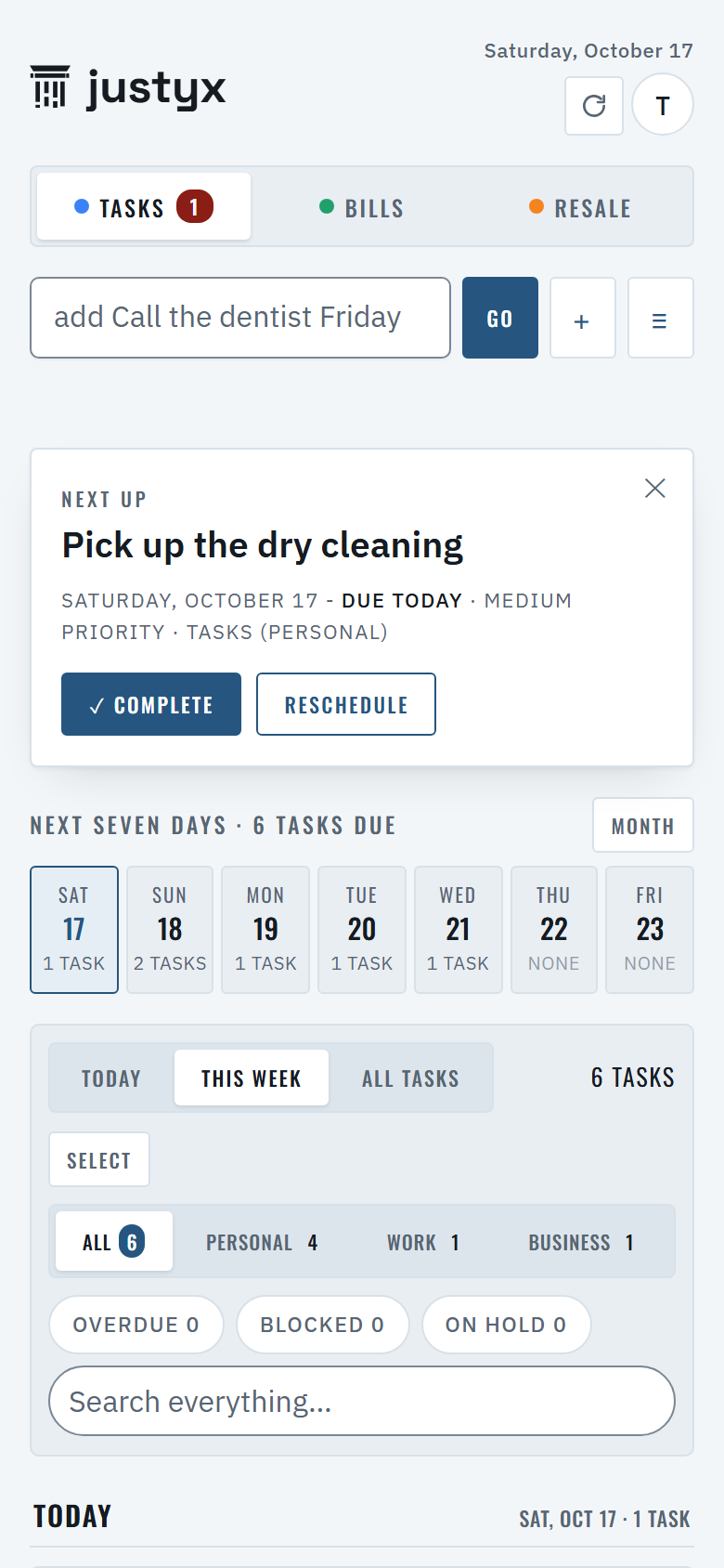 UNDR CTRL Tasks page with example data: the next task due today and tasks across the next seven days